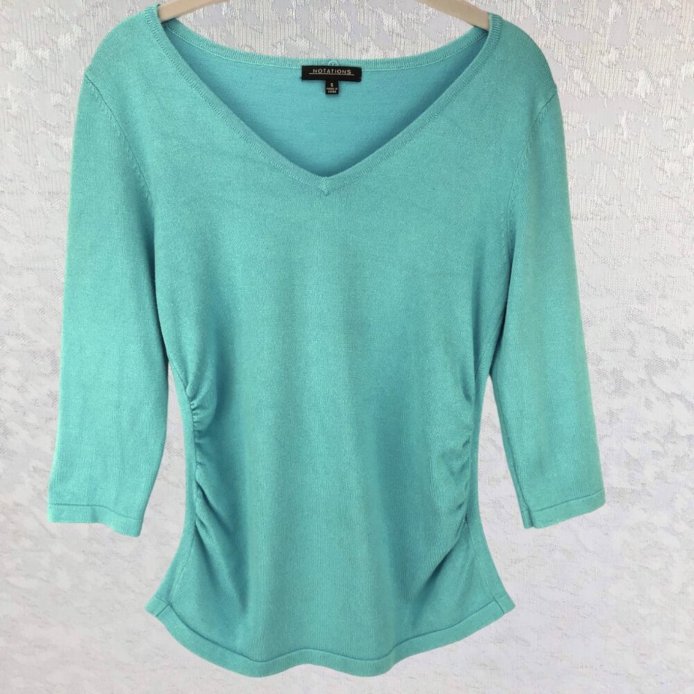Notations Woman’s Turquoise V-Neck Sweater 3/4 Sleeve Rayon Blend Size S
